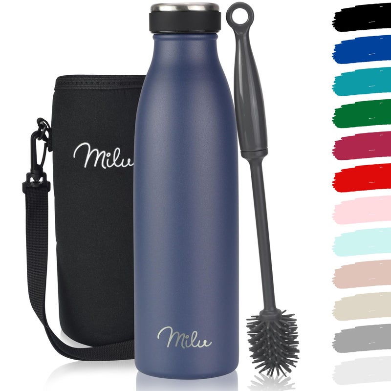 Milu Stainless Steel Drinking Bottle 500 ml  Insulated Thermo Flask for Water  Leak Proof Insulated and Double Walled Carbonated Navy Blue 500ml