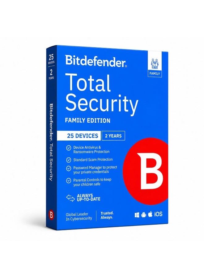 Bitdefender Total Security Family، 5 حسابات، 25 جهازًا لكل حساب، سنتان | برامج مكافحة الفيروسات والأمان | الشرق الأوسط