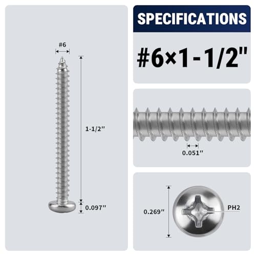 RoyceMart #6 x 1-1/2" (100 Pack) Stainless Steel Phillips Pan Head Wood Screws, Stainless Steel 304 (18-8), Pan Head Sheet Metal Screws Self Tapping for Wood - Image 2