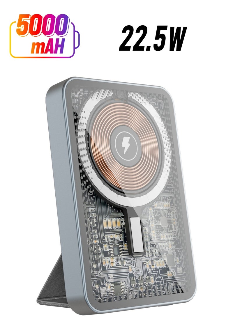 Mezone Magnetic Power Bank 5000mAh, Foldable iPhone Wireless Portable Charger, 22.5W Fast Charging Battery Pack with USB-C Compatible with Magsafe, iPhone 15/15 Plus/15 Pro/15 Pro Max, iPhone 14/13/12 Series - Grey  - Image 1