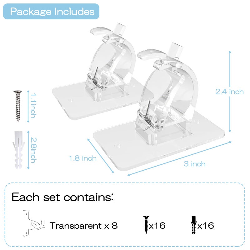 CIEMGNZOC 8PCS No Drill Curtain Brackets, Nail Free Adjustable Curtain Hooks for Rods Under 1.57 Inch (Transparent) - Image 4