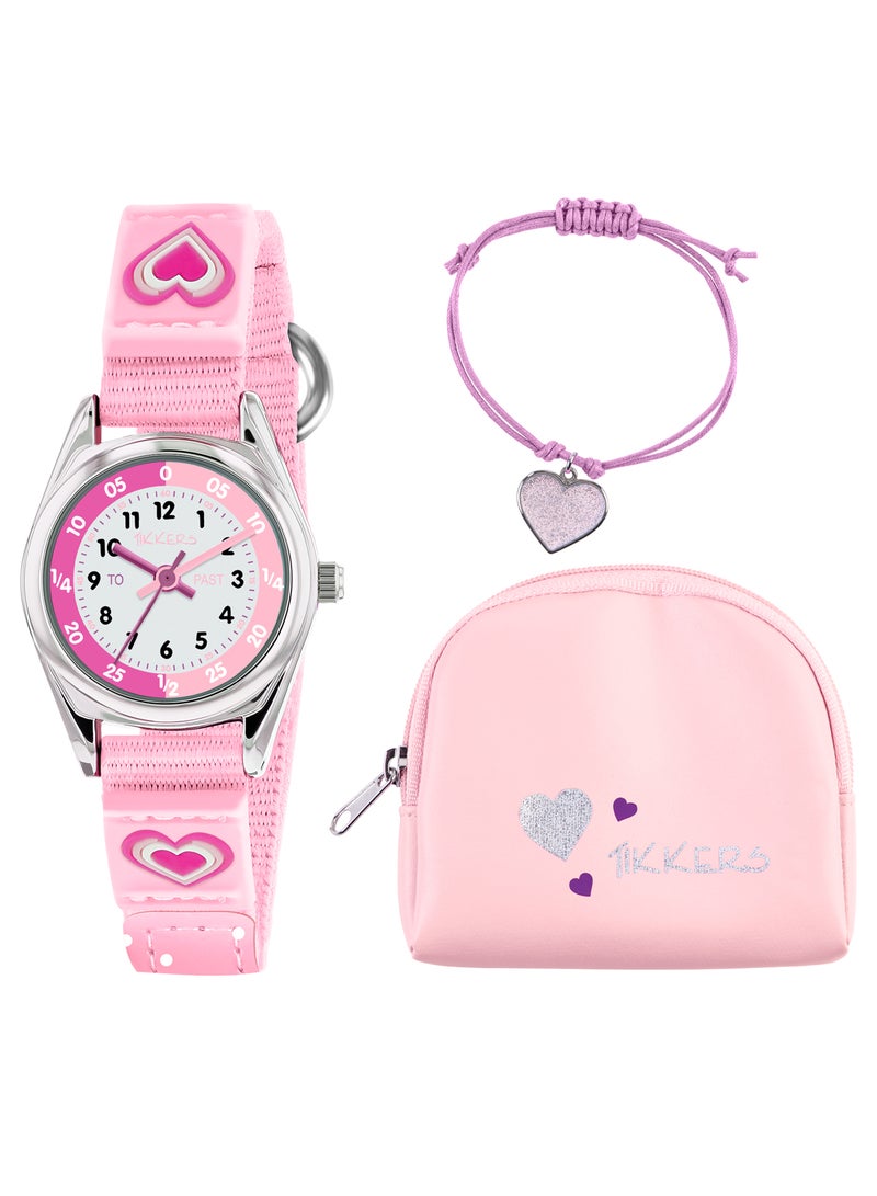 Tikkers Girls Pink Canvas Rip Strap Heart Watch, Purse, & Bracelet Set - ATK1031 - Image 1