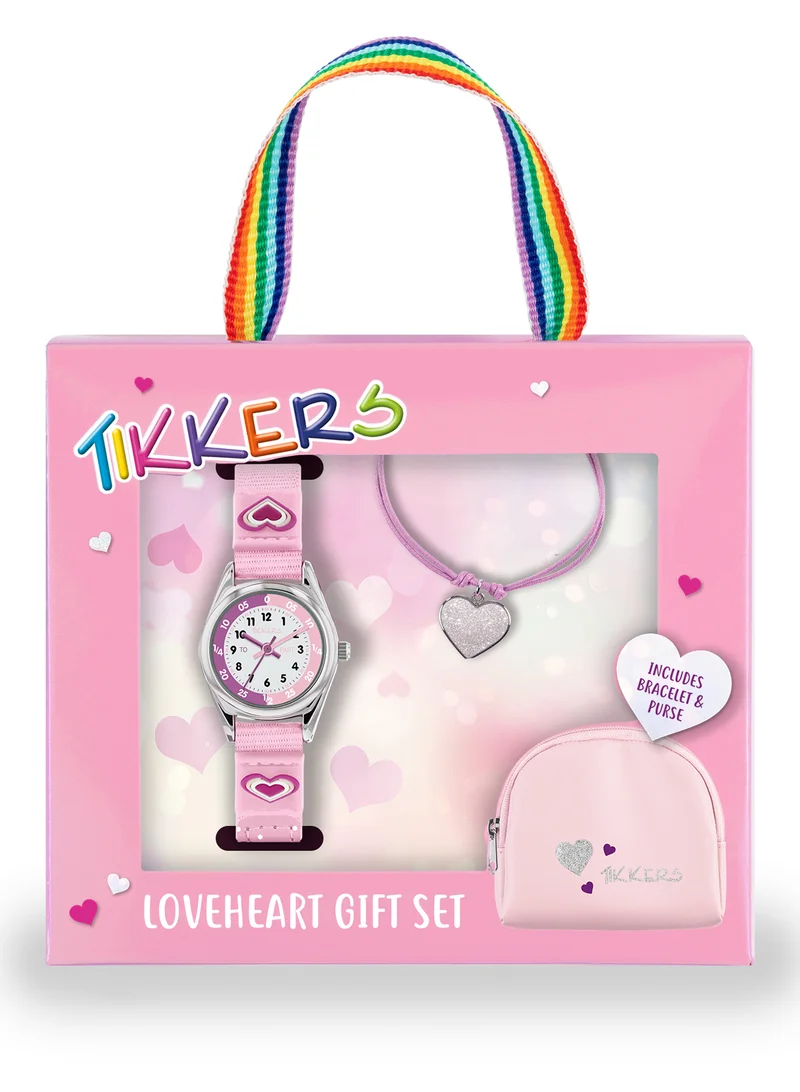 Tikkers Tikkers Girls Pink Canvas Rip Strap Heart Watch, Purse, & Bracelet Set - ATK1031