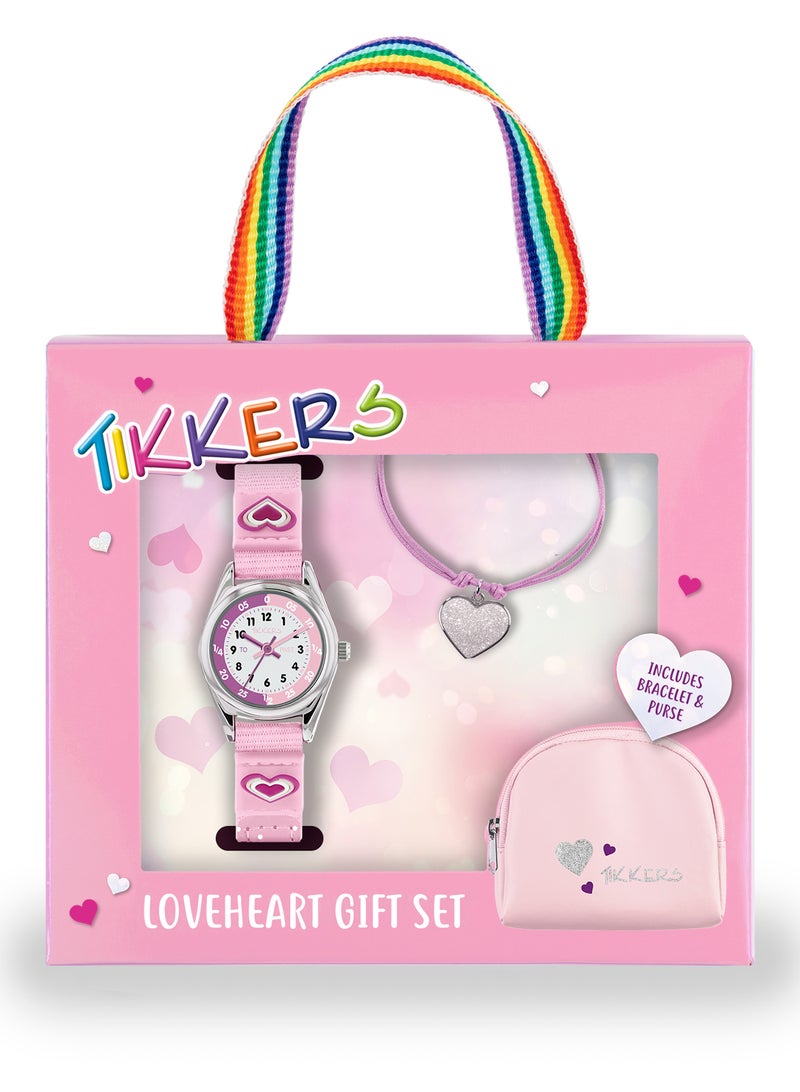 Tikkers Girls Pink Canvas Rip Strap Heart Watch, Purse, & Bracelet Set - ATK1031 - Image 5