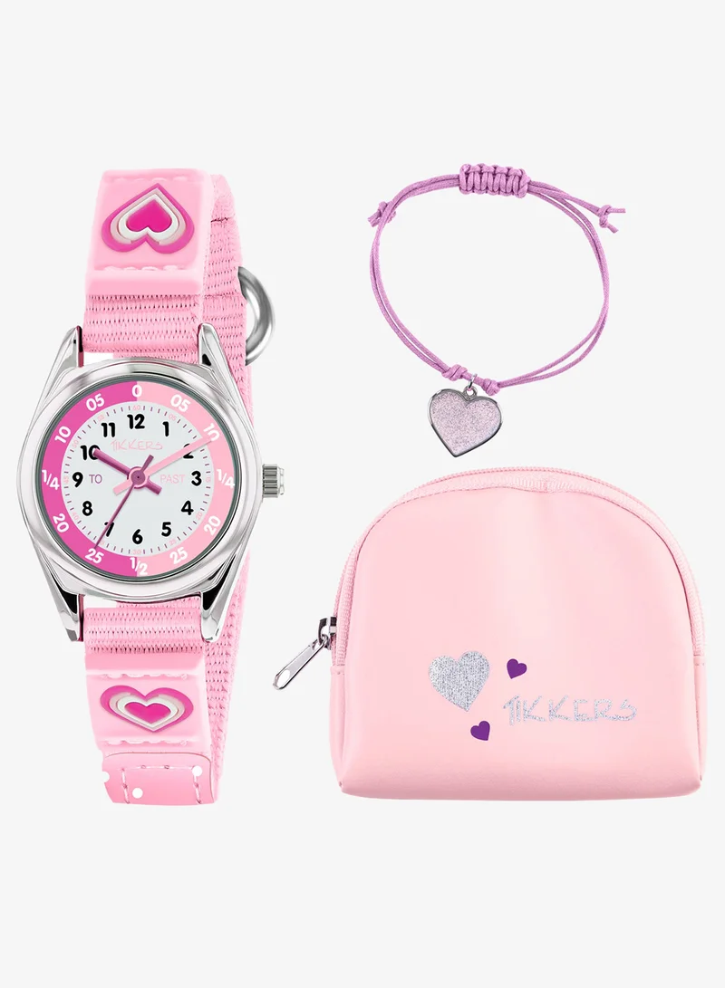Tikkers Tikkers Girls Pink Canvas Rip Strap Heart Watch, Purse, & Bracelet Set - ATK1031