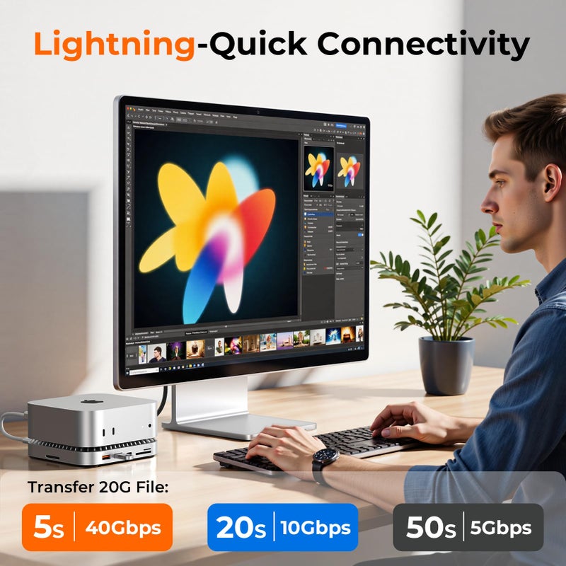 RayCue 40G Mac mini M4 Dock & Stand with 8T NVMe SSD Enclosure,2X USB-A 3.2 10Gbps, USB-C 3.2 10Gbps, SD/TF 4.0, 65W Power,8K DP Video Interface, 3.5mm Audio- Ultimate Mac mini M4 Accessories & Hub - Image 3