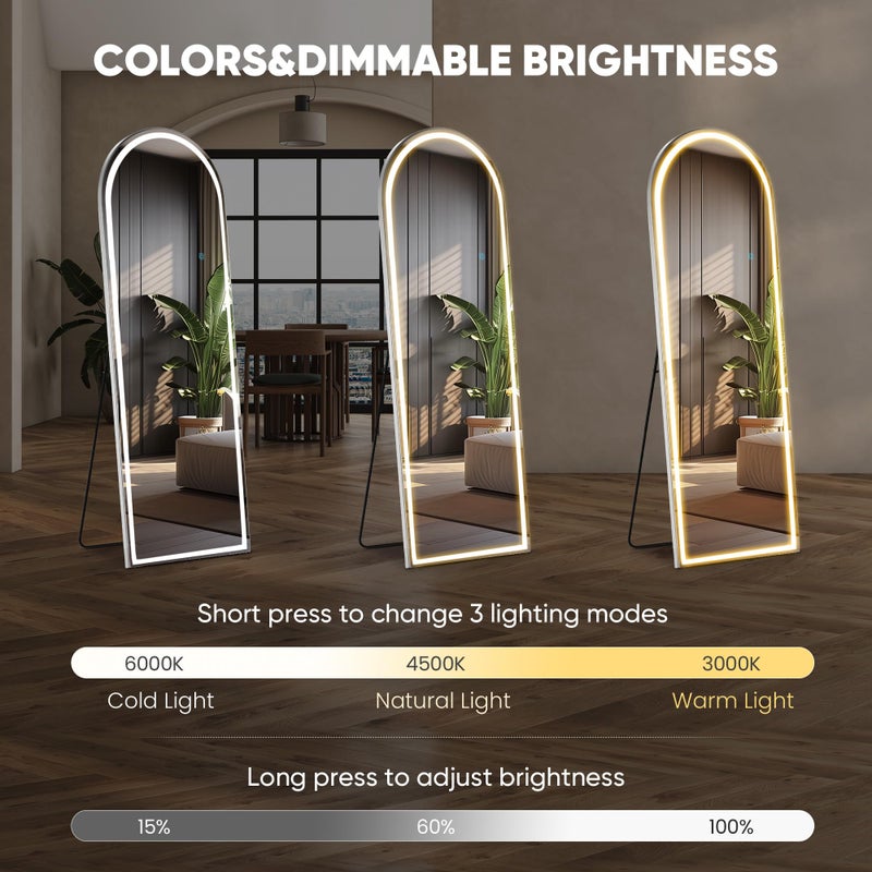 Aidoly 21"Ã—64" Arched LED Full Length Mirror with Stand, Full Body Wall-Mount Mirror with LED Lights 3 Color Lighting, Hanging or Leaning, Floor Standing, Modern Simple Home Wall Decor - Image 3