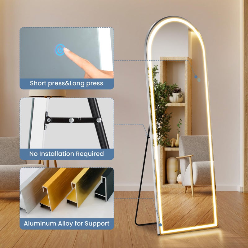 Aidoly 21"Ã—64" Arched LED Full Length Mirror with Stand, Full Body Wall-Mount Mirror with LED Lights 3 Color Lighting, Hanging or Leaning, Floor Standing, Modern Simple Home Wall Decor - Image 5