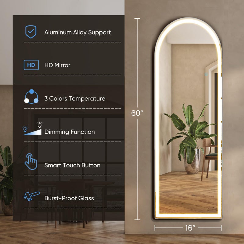 Aidoly 21"Ã—64" Arched LED Full Length Mirror with Stand, Full Body Wall-Mount Mirror with LED Lights 3 Color Lighting, Hanging or Leaning, Floor Standing, Modern Simple Home Wall Decor - Image 2