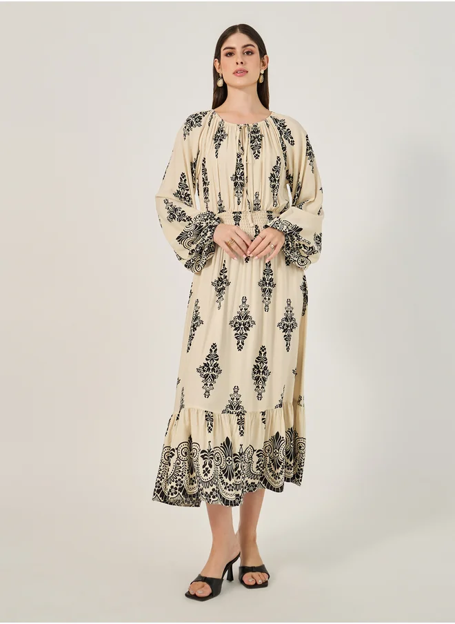 Styli All Over Print Smocked Detail A-Line Midi Dress