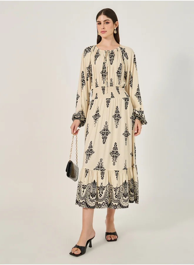 Styli All Over Print Smocked Detail A-Line Midi Dress