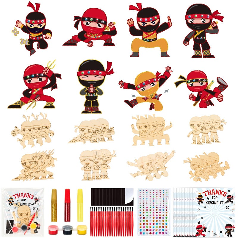 Bafeil 24 Set Ninja Party Favors - with Magnets Diamond Stickers Glitter Glue Pens - Karate Party Favors for Kids - Non-Toxic DIY Wooden Ninja Paint Crafts - Goodie Bags Gifts Prizes for Kids Boys Toddler - Image 1