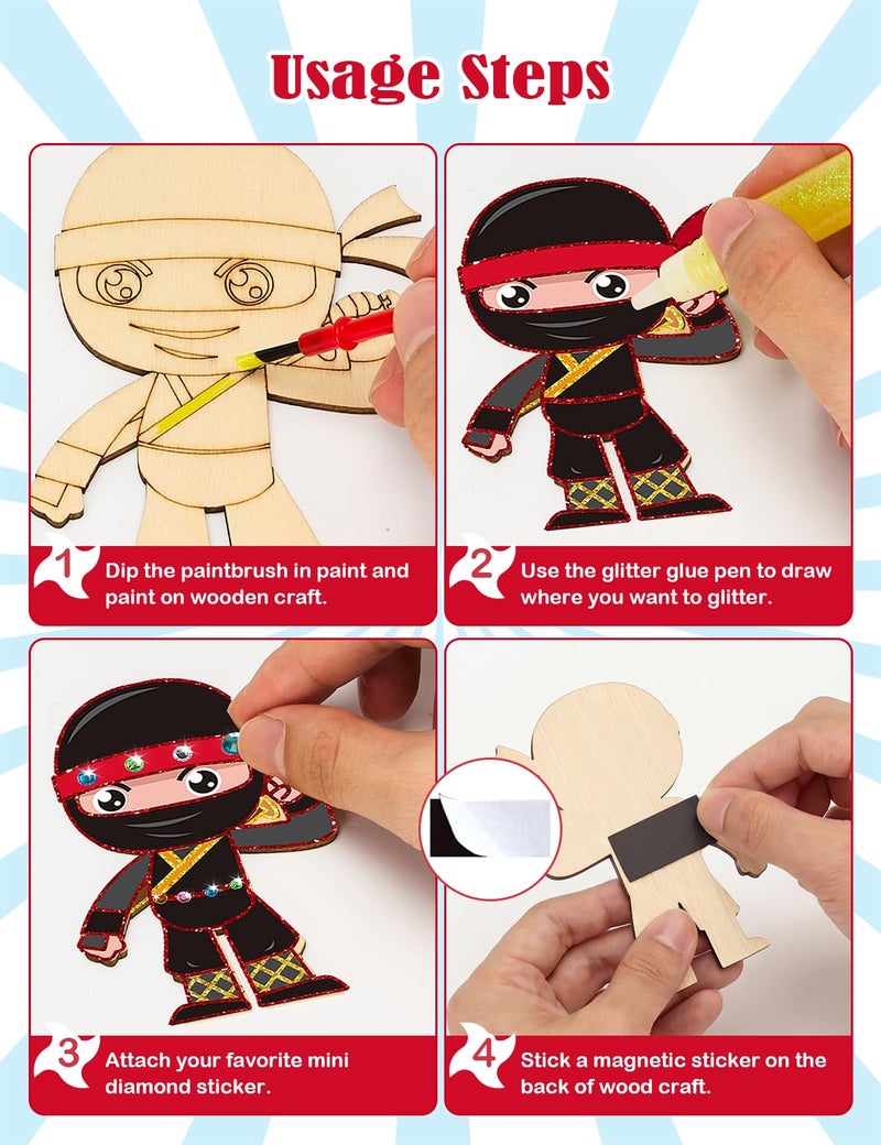 Bafeil 24 Set Ninja Party Favors - with Magnets Diamond Stickers Glitter Glue Pens - Karate Party Favors for Kids - Non-Toxic DIY Wooden Ninja Paint Crafts - Goodie Bags Gifts Prizes for Kids Boys Toddler - Image 5