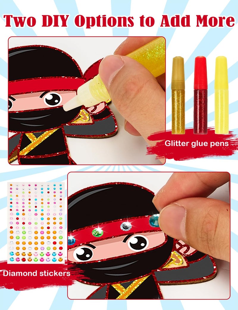 Bafeil 24 Set Ninja Party Favors - with Magnets Diamond Stickers Glitter Glue Pens - Karate Party Favors for Kids - Non-Toxic DIY Wooden Ninja Paint Crafts - Goodie Bags Gifts Prizes for Kids Boys Toddler - Image 4