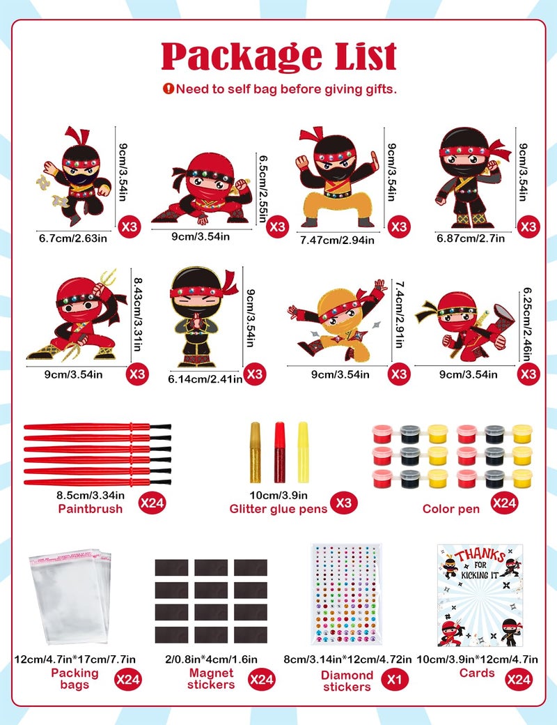 Bafeil 24 Set Ninja Party Favors - with Magnets Diamond Stickers Glitter Glue Pens - Karate Party Favors for Kids - Non-Toxic DIY Wooden Ninja Paint Crafts - Goodie Bags Gifts Prizes for Kids Boys Toddler - Image 2