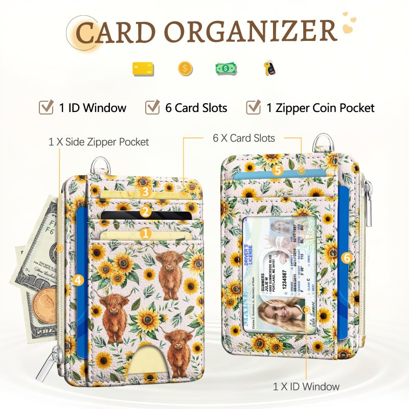 Kelvoris Highland Cow Sunflower Credit Card Holder Small Wallet Women, Slim RFID Blocking Wallet Woman Keychain with Zipper Coin Pocket, Front Pocket Thin Travel Card Case with ID Window Ladies Gifts - Image 3