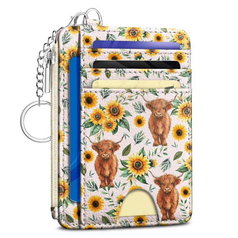 Kelvoris Highland Cow Sunflower Credit Card Holder Small Wallet Women, Slim RFID Blocking Wallet Woman Keychain with Zipper Coin Pocket, Front Pocket Thin Travel Card Case with ID Window Ladies Gifts - Image 1
