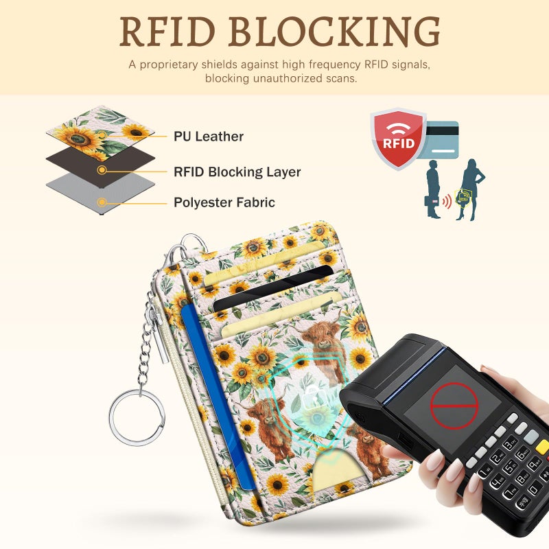 Kelvoris Highland Cow Sunflower Credit Card Holder Small Wallet Women, Slim RFID Blocking Wallet Woman Keychain with Zipper Coin Pocket, Front Pocket Thin Travel Card Case with ID Window Ladies Gifts - Image 4
