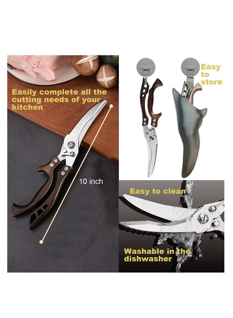 مقص مطبخ، مقص احترافي متين للدواجن، مزود بنابض من الفولاذ المقاوم للصدأ، آمن للغسل في غسالة الأطباق، مقص طعام متعدد الاستخدامات مزود بقفل أمان، مناسب للعظام والدواجن واللحوم والأسماك والمأكولات البحرية والشواء. (يتضمن غلافًا جلديًا أسود) - Image 3