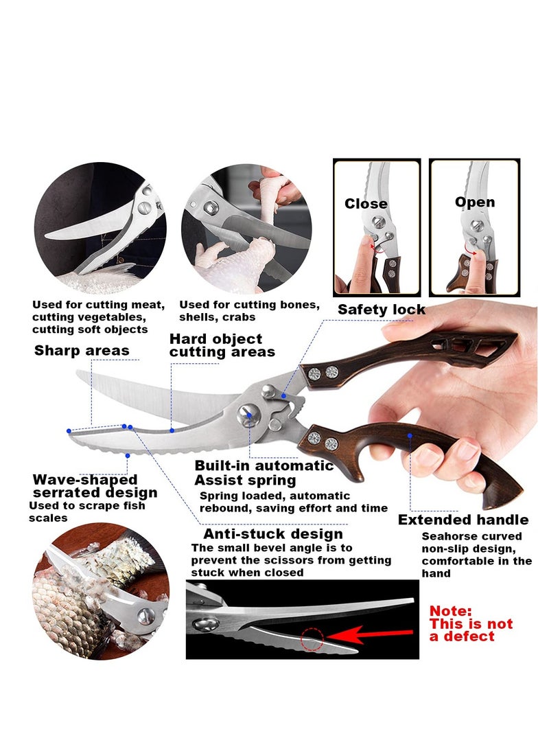 مقص مطبخ، مقص احترافي متين للدواجن، مزود بنابض من الفولاذ المقاوم للصدأ، آمن للغسل في غسالة الأطباق، مقص طعام متعدد الاستخدامات مزود بقفل أمان، مناسب للعظام والدواجن واللحوم والأسماك والمأكولات البحرية والشواء. (يتضمن غلافًا جلديًا أسود) - Image 2