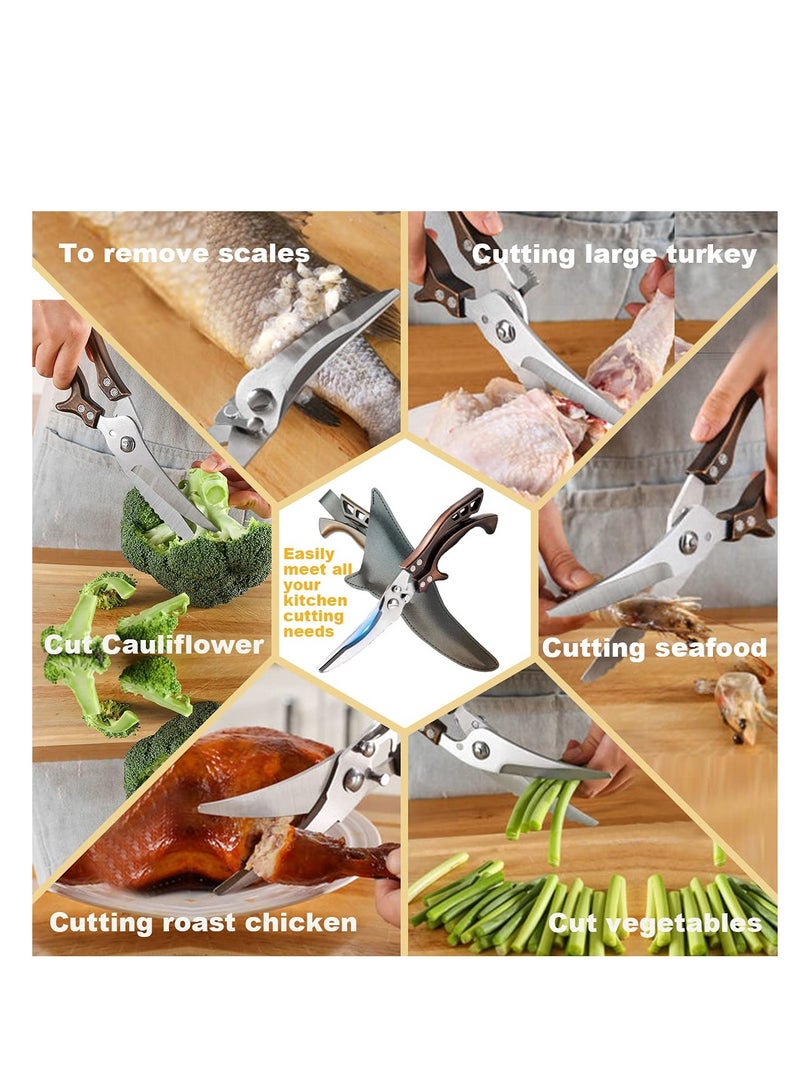مقص مطبخ، مقص احترافي متين للدواجن، مزود بنابض من الفولاذ المقاوم للصدأ، آمن للغسل في غسالة الأطباق، مقص طعام متعدد الاستخدامات مزود بقفل أمان، مناسب للعظام والدواجن واللحوم والأسماك والمأكولات البحرية والشواء. (يتضمن غلافًا جلديًا أسود) - Image 4