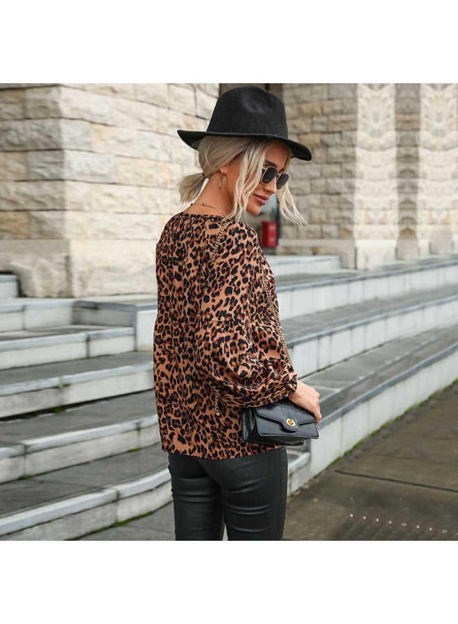 New European And American Women's Clothing, Retro Top, Pullover Leopard Print Long Sleeve Shirt - Image 4