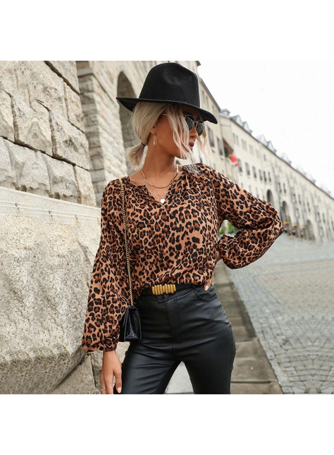 New European And American Women's Clothing, Retro Top, Pullover Leopard Print Long Sleeve Shirt - Image 1