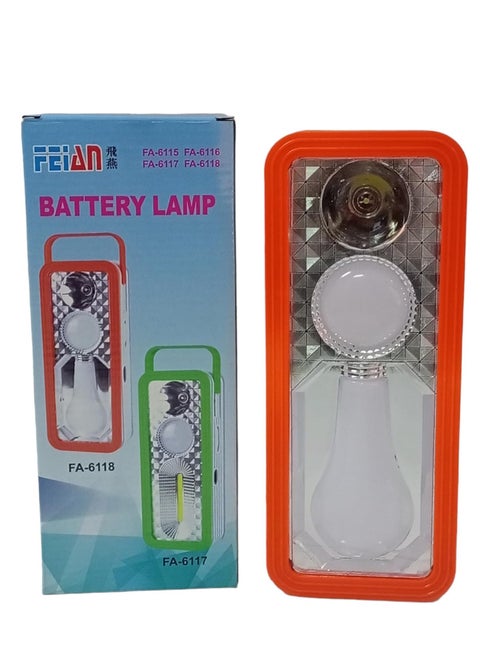 Battery-operated flashlight, model FA-6118, three operating modes, orange color