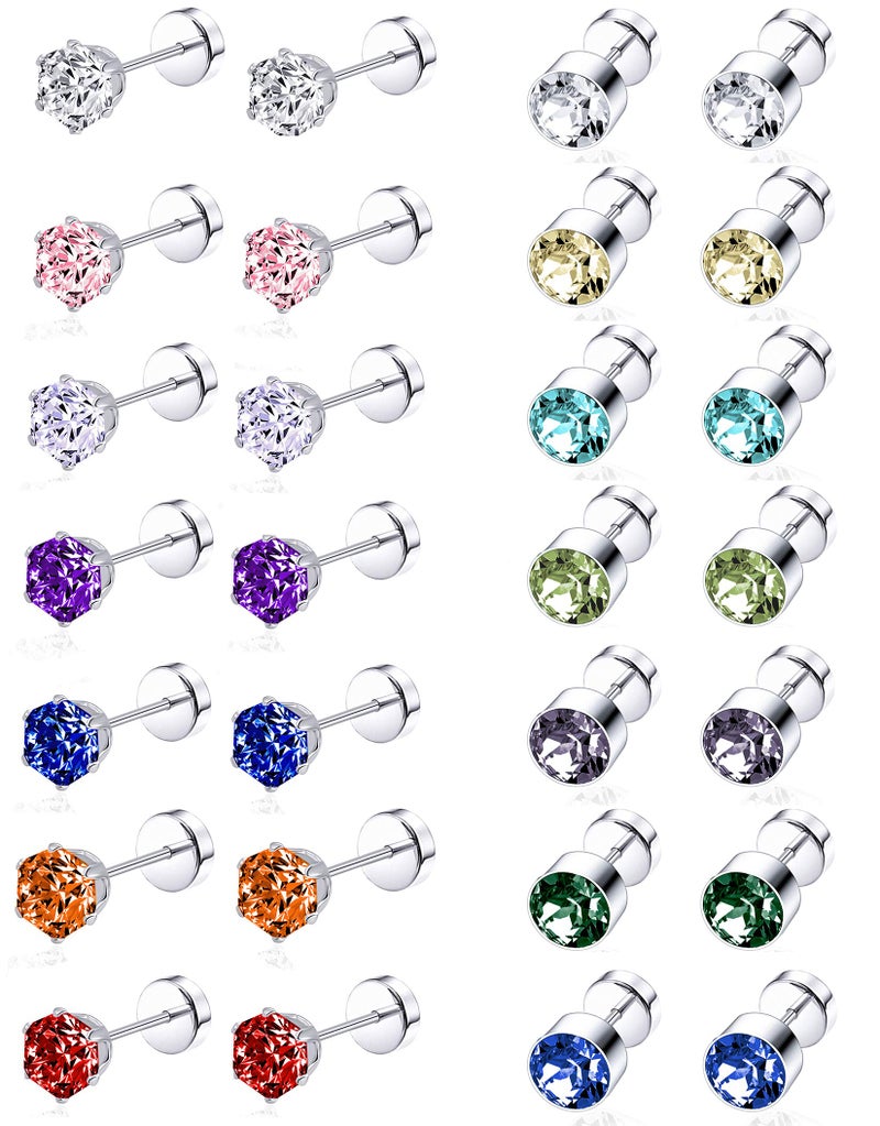Tornito 14 Pairs Stainless Steel CZ Stud Earrings for Women Multicolor Cubic Zirconia Cartilage Helix Earrings Set Screwback 4MM - Image 1
