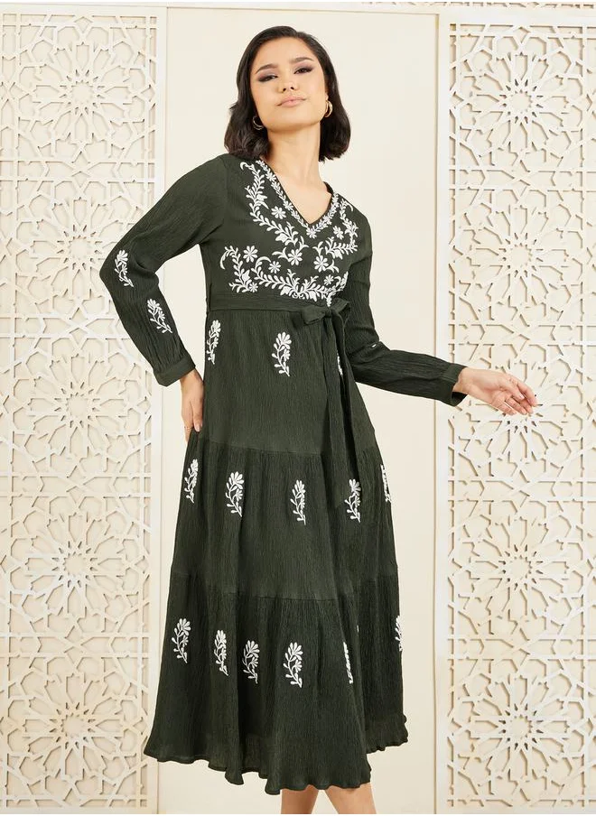 ستايلي Contrast Embroidered Tiered Midi Dress with Self Tie Up