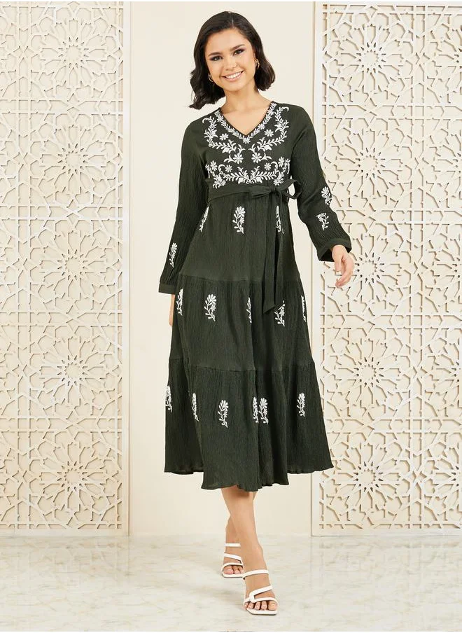 ستايلي Contrast Embroidered Tiered Midi Dress with Self Tie Up
