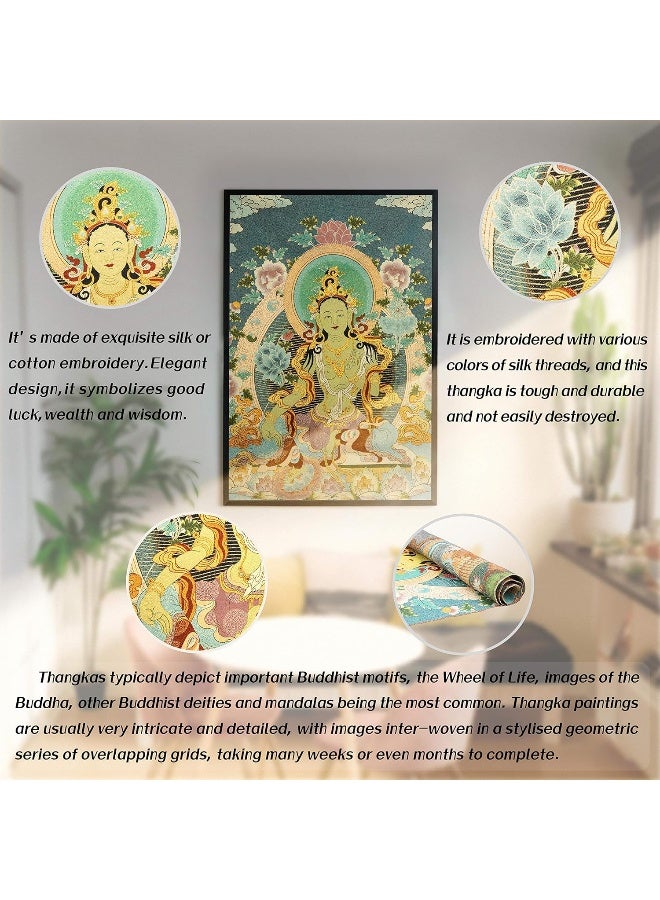 ZenBless زين بليس برايم فنغ شوي تطريز حرير ثانكا تبتية مع غرين تارا/بوذا كاشغاري/كوان يين ذو الأربعة أذرع لتعليق الجدران لديكور المنزل ثانكا تأمل أزرق - Image 4