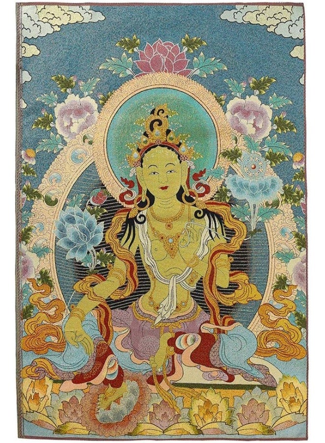 ZenBless زين بليس برايم فنغ شوي تطريز حرير ثانكا تبتية مع غرين تارا/بوذا كاشغاري/كوان يين ذو الأربعة أذرع لتعليق الجدران لديكور المنزل ثانكا تأمل أزرق - Image 1