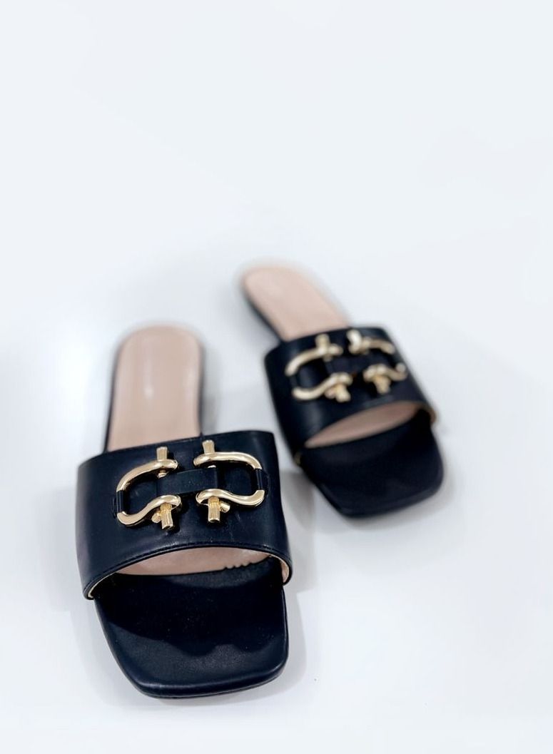 Women's Flat Sandal with Gold Embellishment and Open Toe in Black - Image 1