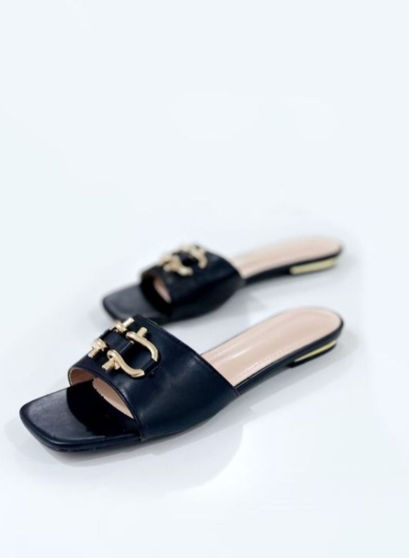 Women's Flat Sandal with Gold Embellishment and Open Toe in Black - Image 3