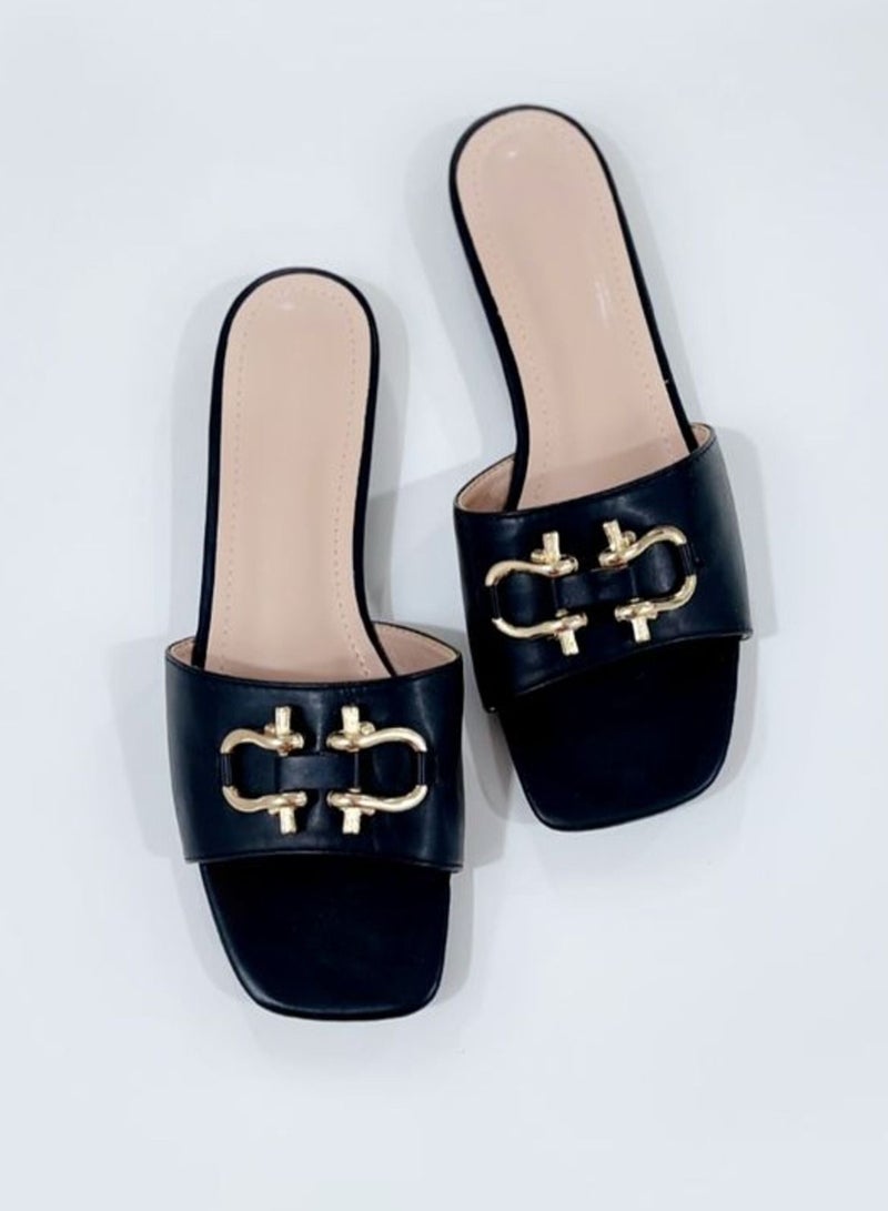 Women's Flat Sandal with Gold Embellishment and Open Toe in Black - Image 2