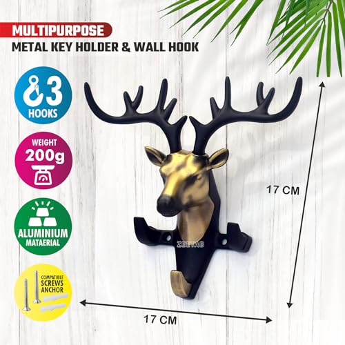 Zeetab Deer Key Holder, Wall Mount Cloth Hanger & Metal Key Stand with 3 Hook | Home Decor Gift (Antique) - Image 2