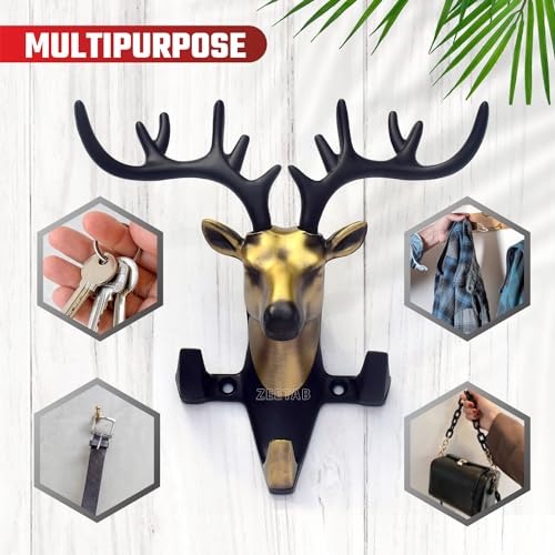 Zeetab Deer Key Holder, Wall Mount Cloth Hanger & Metal Key Stand with 3 Hook | Home Decor Gift (Antique) - Image 3