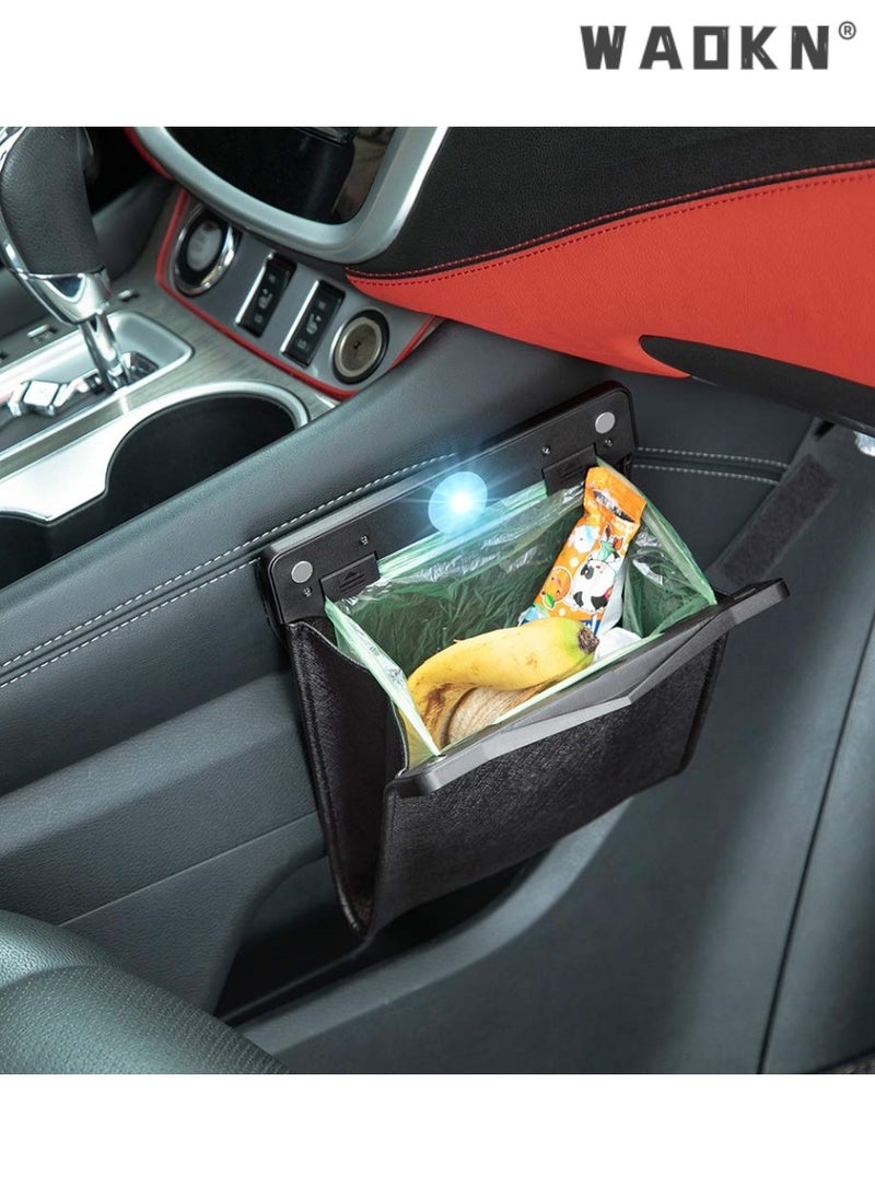 WAOKN - Portable Smart LED Car Trash Can Waterproof Garbage Bag,Car Mounted  Foldable Garbage Bin with Front Row Hanging Garbage Bin,Artificial Leather Storage Pocket Leak Reusable Traveling (Black) - Image 1