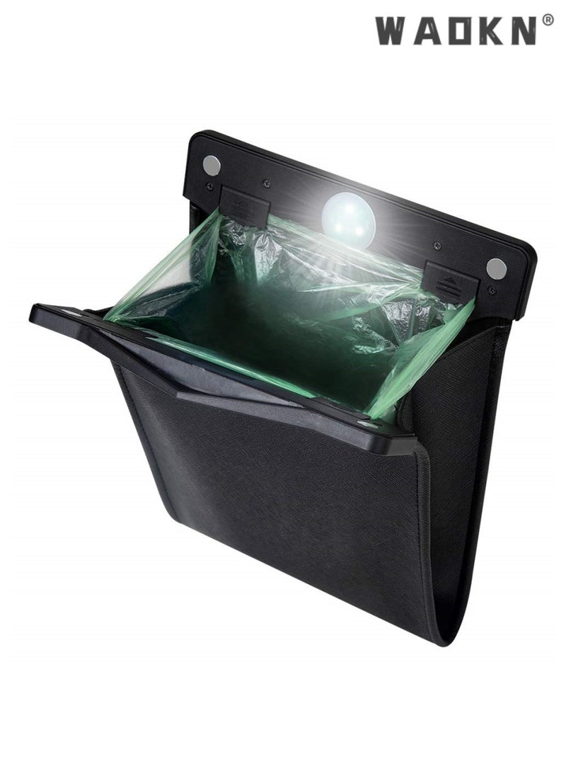 WAOKN - Portable Smart LED Car Trash Can Waterproof Garbage Bag,Car Mounted  Foldable Garbage Bin with Front Row Hanging Garbage Bin,Artificial Leather Storage Pocket Leak Reusable Traveling (Black) - Image 1