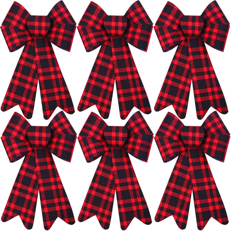 Aneco 6 Pieces Red Buffalo Plaid Christmas Bows for Holiday Wreaths Xmas Velvet Decoration Party