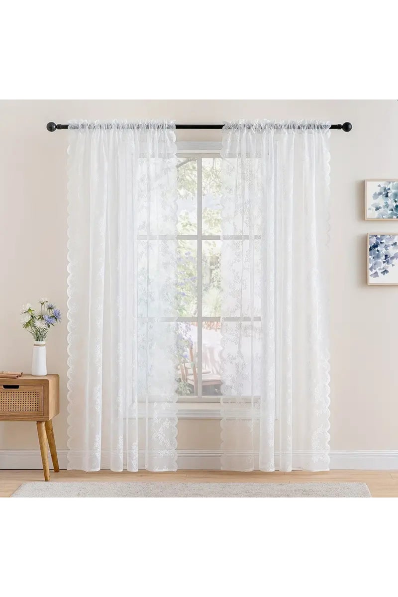 ستارة دانتيل شفافة مطرزة بنقوش زهرية عتيقة، قطعة واحدة، بثنيات ثابتة، مقاس 140×244 سم - توفر الخصوصية والإضاءة