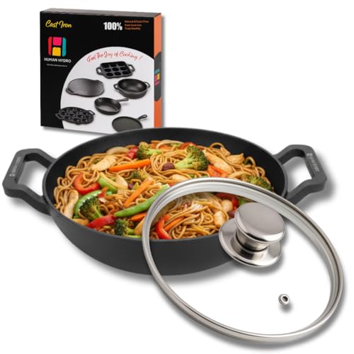 Human Hydro Cast Iron Kadai/Kadhai with Glass Lid | 23cm (9.2”), 1.3L Deep Wok | Naturally Non-Stick When Seasoned | Gas & Induction Compatible | Toxin-Free for Curries, Sabzi & Deep Frying - Image 1