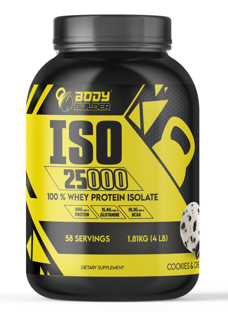Body Builder Body Builder ISO 25000 - نكهة الكوكيز والكريمة - 4 رطل - 84 جم بروتين - تعزيز نمو العضلات وتعافيها - صفر دهون، صفر سكر، صفر كربوهيدرات - بروتين مصل اللبن المعزول الممتاز  - Image 1