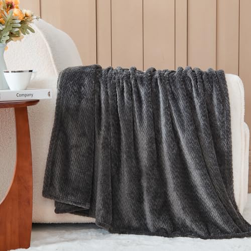 NEWCOSPLAY Super Soft Throw Blanket Dark Grey Premium Silky Flannel Fleece Leaves Pattern Lightweight Bed Blanket All Season Use (Dark Grey, Throw(50"x60")) - Image 2