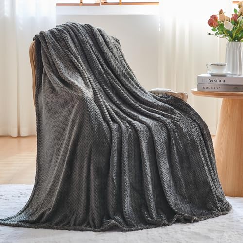 NEWCOSPLAY Super Soft Throw Blanket Dark Grey Premium Silky Flannel Fleece Leaves Pattern Lightweight Bed Blanket All Season Use (Dark Grey, Throw(50"x60")) - Image 3