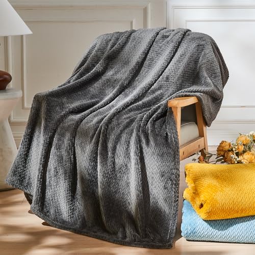 NEWCOSPLAY Super Soft Throw Blanket Dark Grey Premium Silky Flannel Fleece Leaves Pattern Lightweight Bed Blanket All Season Use (Dark Grey, Throw(50"x60")) - Image 1