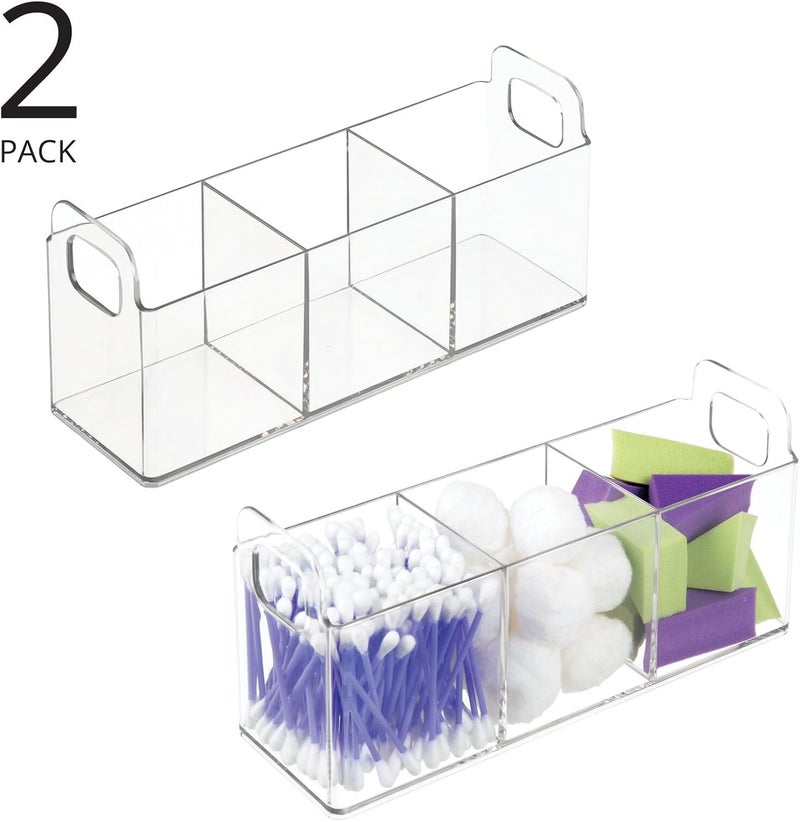 mDesign Plastic 3-Compartment Bathroom Organizer Storage Bin - Divided Makeup Caddy and Hair/Beauty Product Holder Tray - Perfect for Vanity, Counter, and Cabinet - Lumiere Collection, 2 Pack, Clear - Image 1
