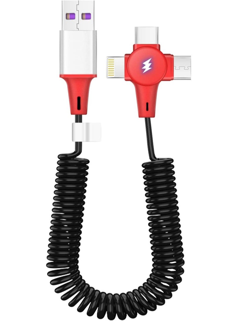 Y&D Multi Charging Cable for Apple CarPlay Expansion Spring Coiled Three in One Retractable with Micro USB IP Type C Connectors Android A-pple Samsung - Image 1