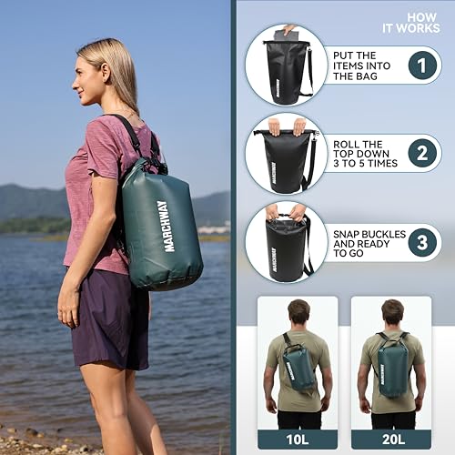 MARCHWAY Floating Waterproof Dry Bag Backpack 5L/10L/20L/30L/40L, Roll Top Sack Keeps Gear Dry for Kayaking, Rafting, Boating, Swimming, Camping, Hiking, Beach, Fishing (Blackish Green, 20L) - Image 4